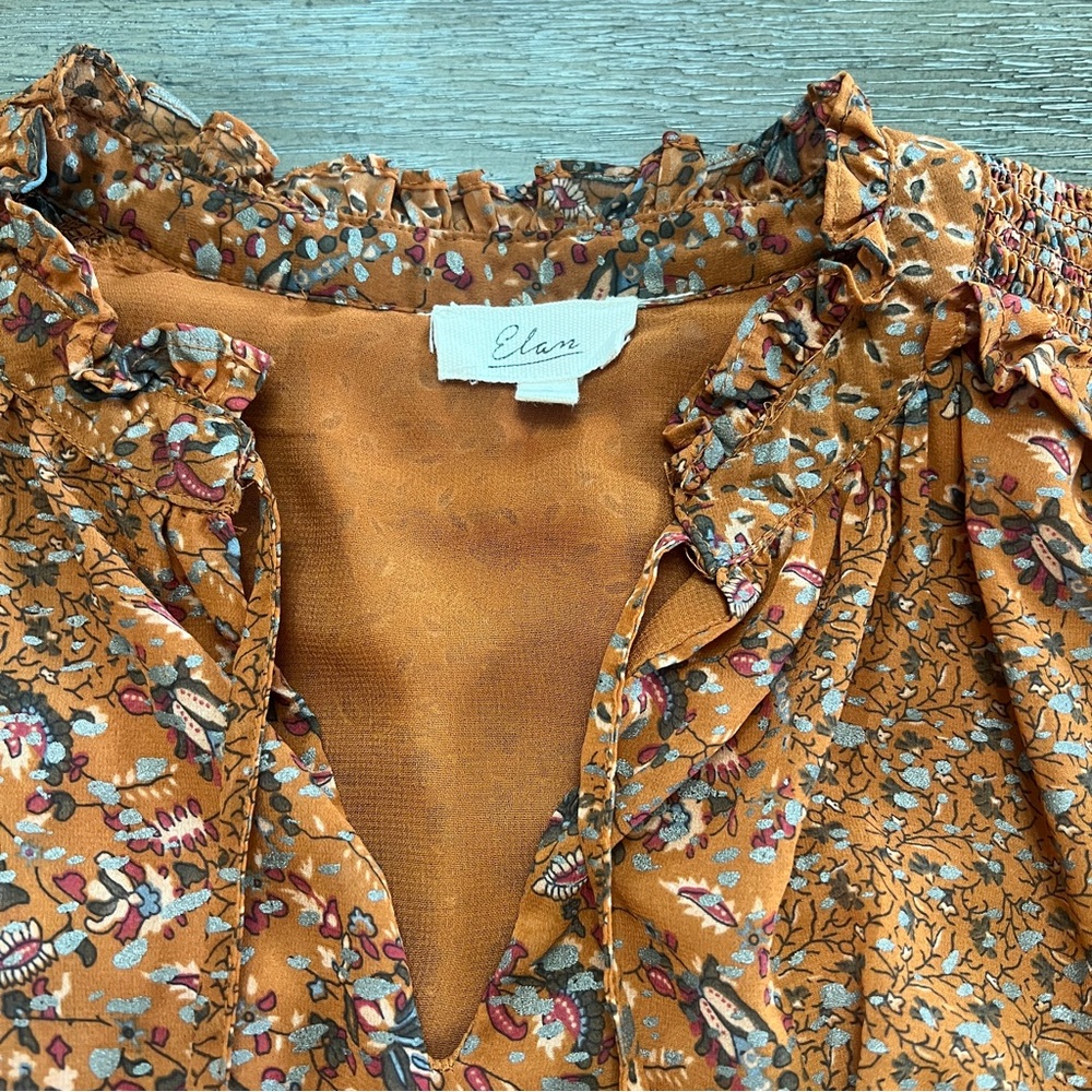 Elan Rust Floral Ruffle-Trim Long Sleeve Blouse size Large - Picture 4 of 7